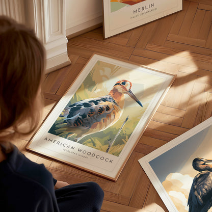 American Woodcock Poster | Woodland Shorebird Nature Illustration Wall Art — styled in a modern interior