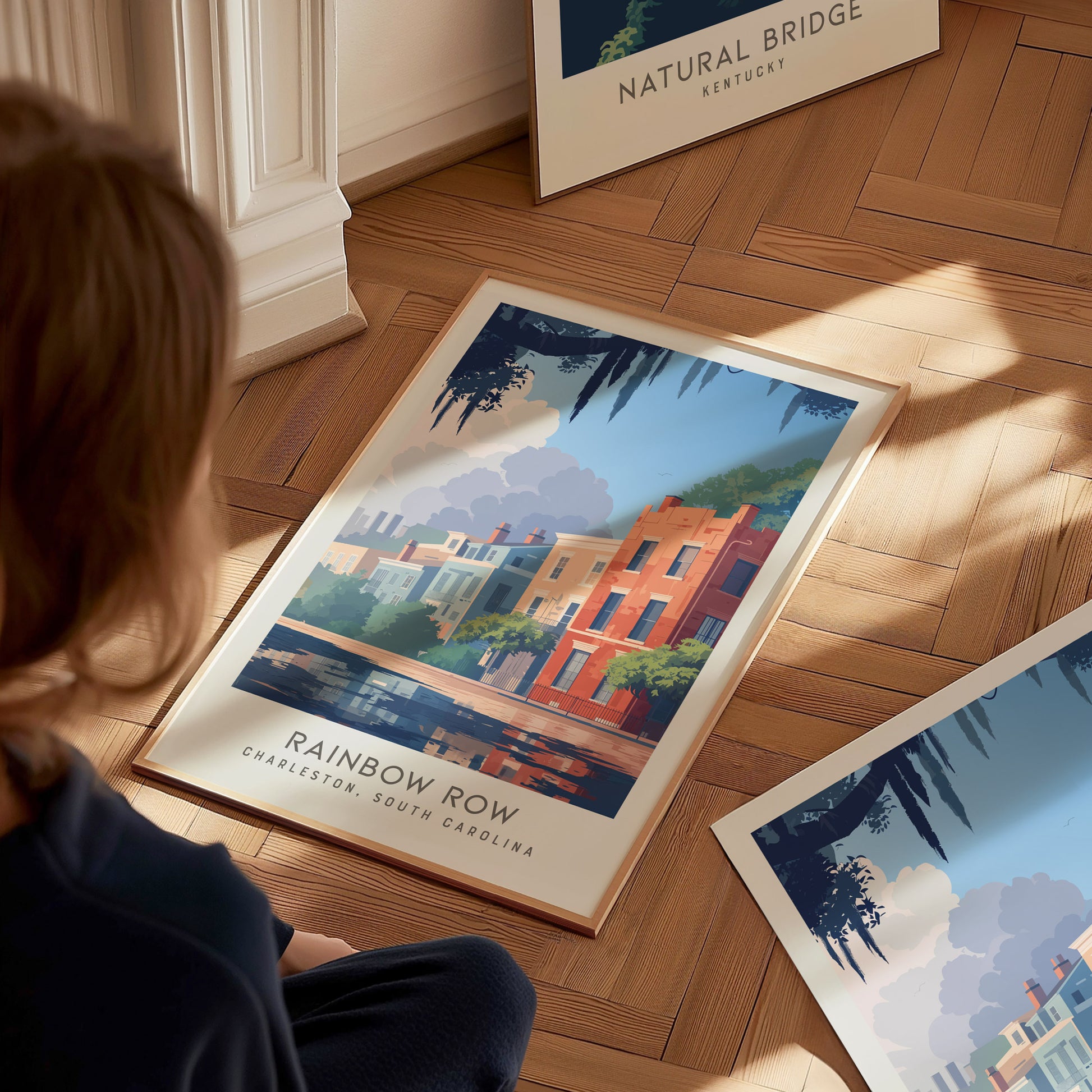 Rainbow Row Matte Border Poster | Charleston South Carolina Travel Wall Art — styled in a modern interior