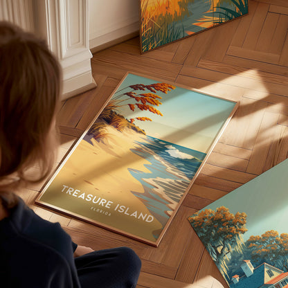 Treasure Island, Florida Poster | Sunset Beach & Lifeguard Tower Wall Art — styled in a modern interior