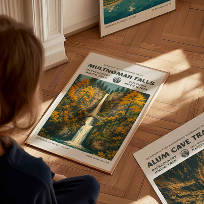 Multnomah Falls Poster | Oregon Waterfall Wall Art Print — styled in a modern interior