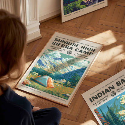 Sunrise High Sierra Camp, Yosemite National Park Poster | Backpacker Gift | Backcountry Trail Wall Art — styled in a modern i