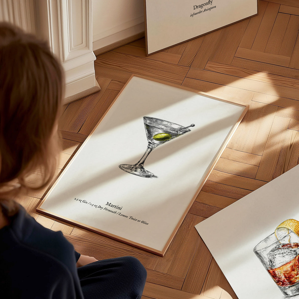 Martini Poster | Vintage Cocktail Scientific Illustration Wall Art — styled in a modern interior