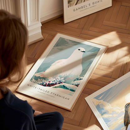 White-tailed Ptarmigan, Lagopus leucurus Poster | Alpine Bird Wall Art — styled in a modern interior