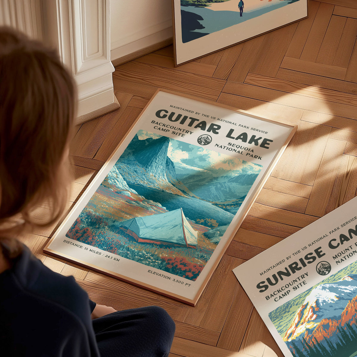 Guitar Lake, Sequoia National Park Poster | Hiker Gift | Backcountry Trail Wall Art — styled in a modern interior