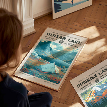 Guitar Lake, Sequoia National Park Poster | Hiker Gift | Backcountry Trail Wall Art — styled in a modern interior