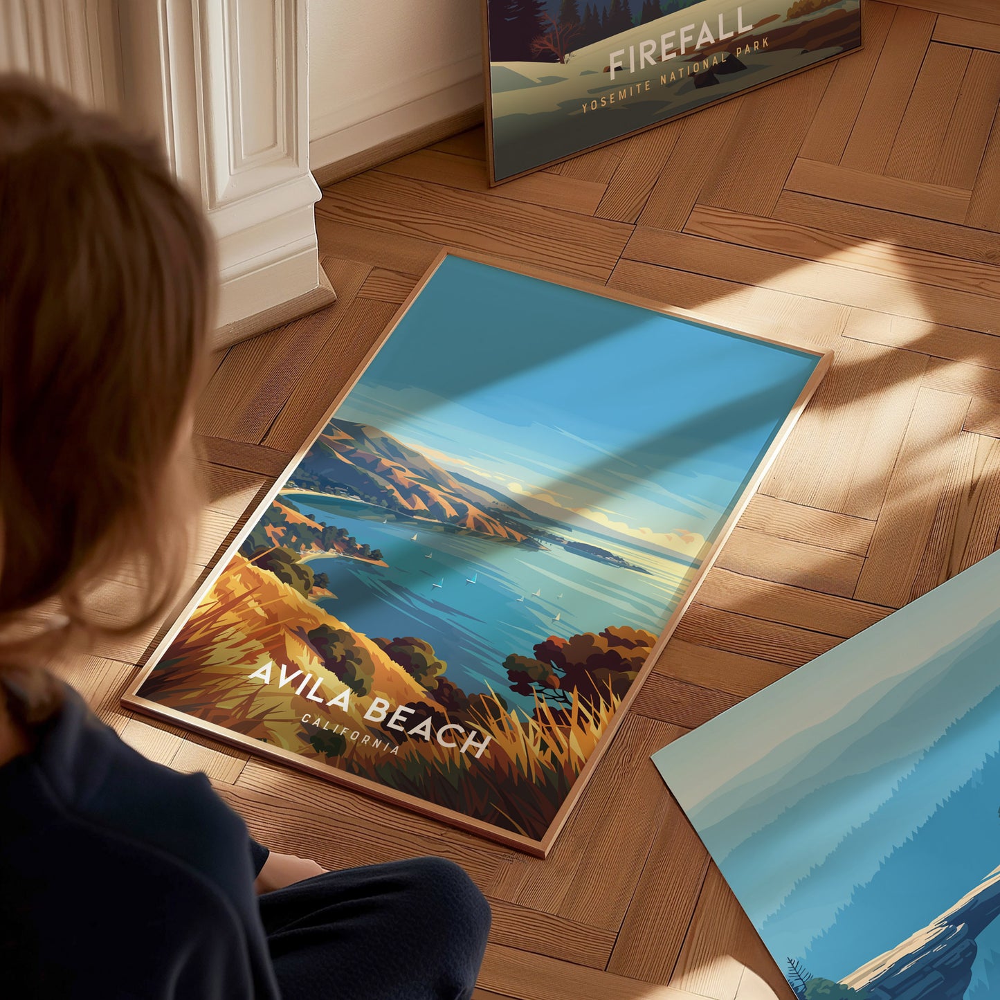 Avila Beach, California Poster | Golden Shore & Pier Coastal Wall Art — styled in a modern interior