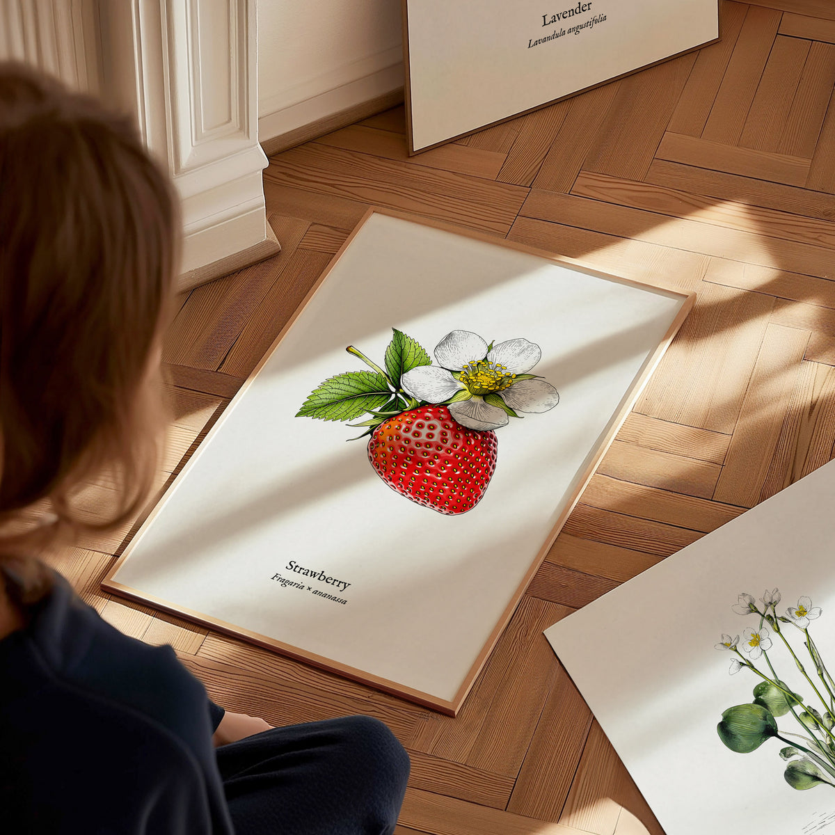 Strawberry Poster | Fragaria × ananassa Pen and Ink Print Vintage Botanical Illustration Wall Art — styled in a modern interi