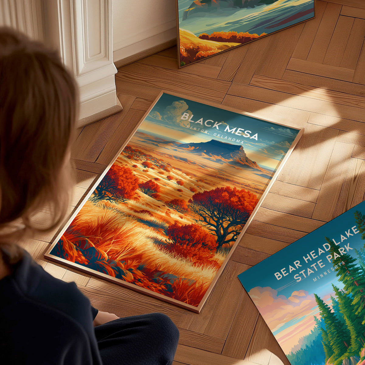 Black Mesa, Kenton, Oklahoma Poster | Western Prairie Adventure Wall Art — styled in a modern interior