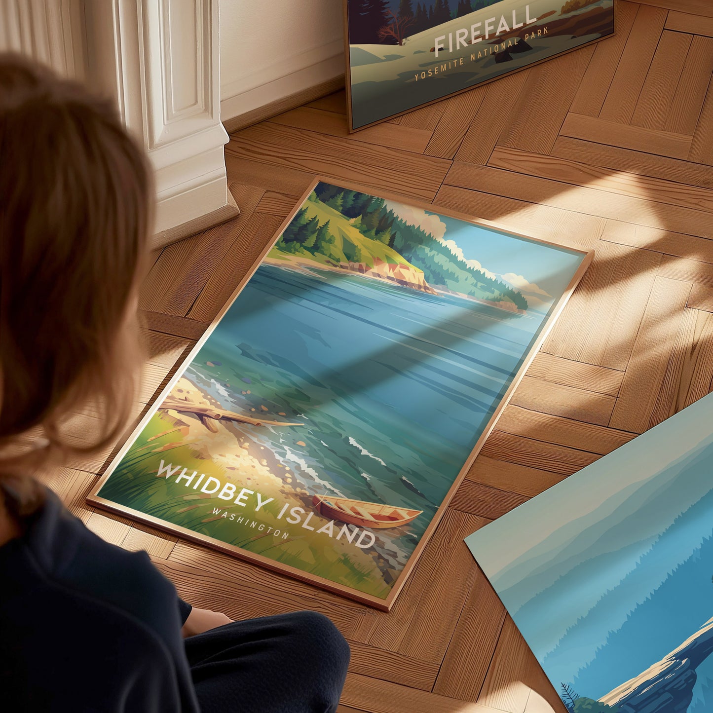 Whidbey Island, Washington Poster | Evergreen Shores & Sailboat Wall Art — styled in a modern interior