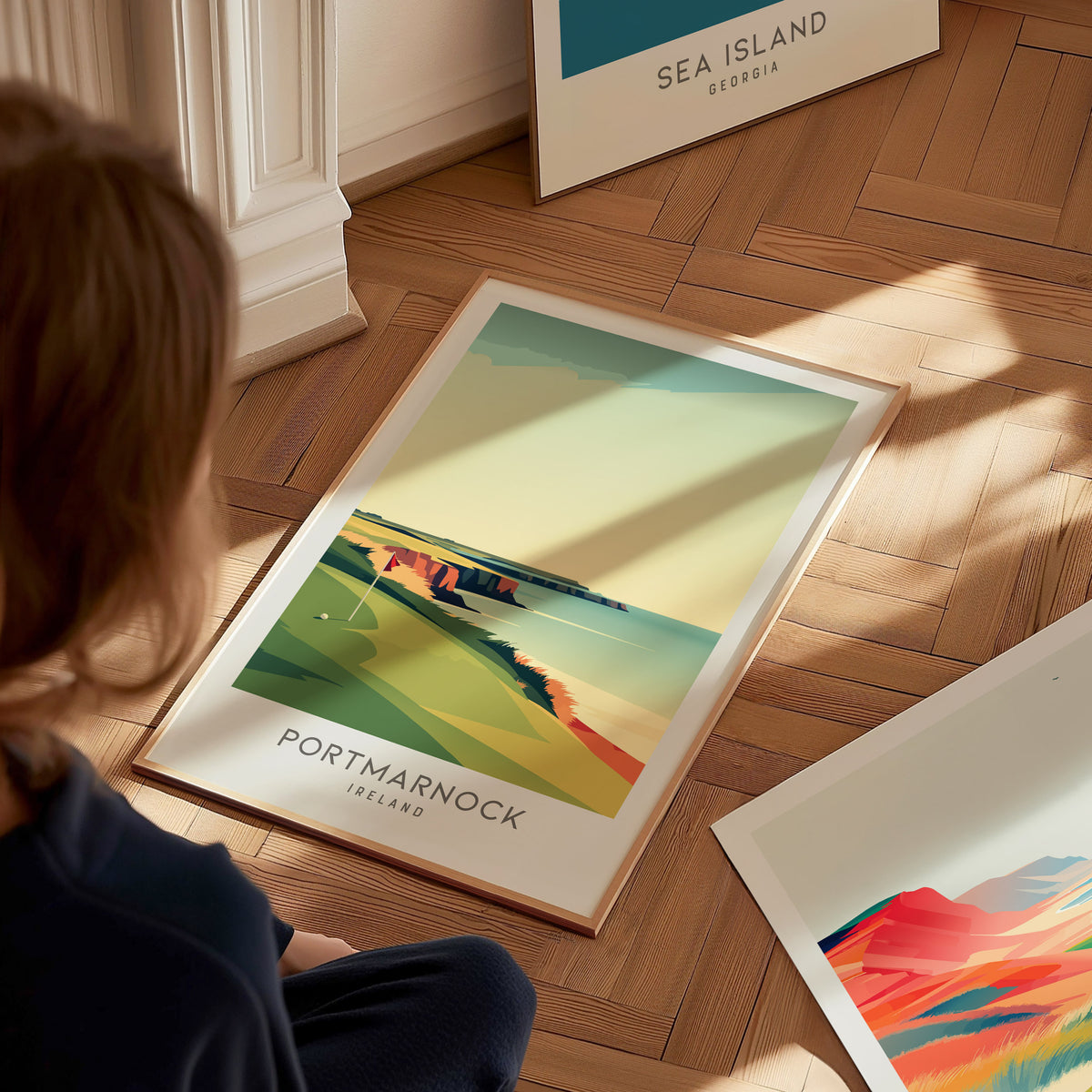Portmarnock Matte Border Poster | Ireland Travel Wall Art — styled in a modern interior