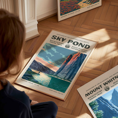 Sky Pond, Rocky Mountain National Park Poster | Hiker Gift | Backcountry Trail Wall Art — styled in a modern interior