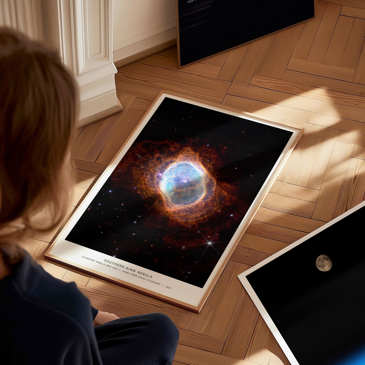 Large Southern Ring Nebula JWST poster displayed in a classroom beside STEM and astronomy posters