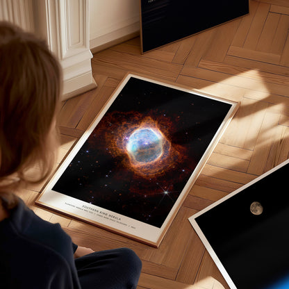Large Southern Ring Nebula JWST poster displayed in a classroom beside STEM and astronomy posters