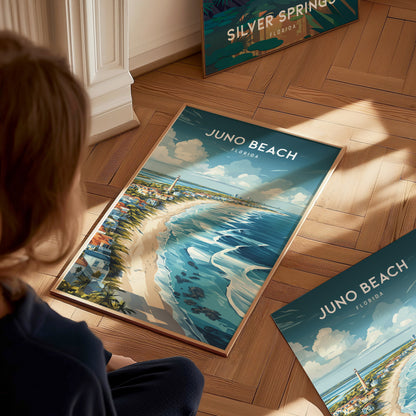 Juno Beach, Florida Poster | Sea Turtle & Sunrise Shoreline Wall Art — styled in a modern interior