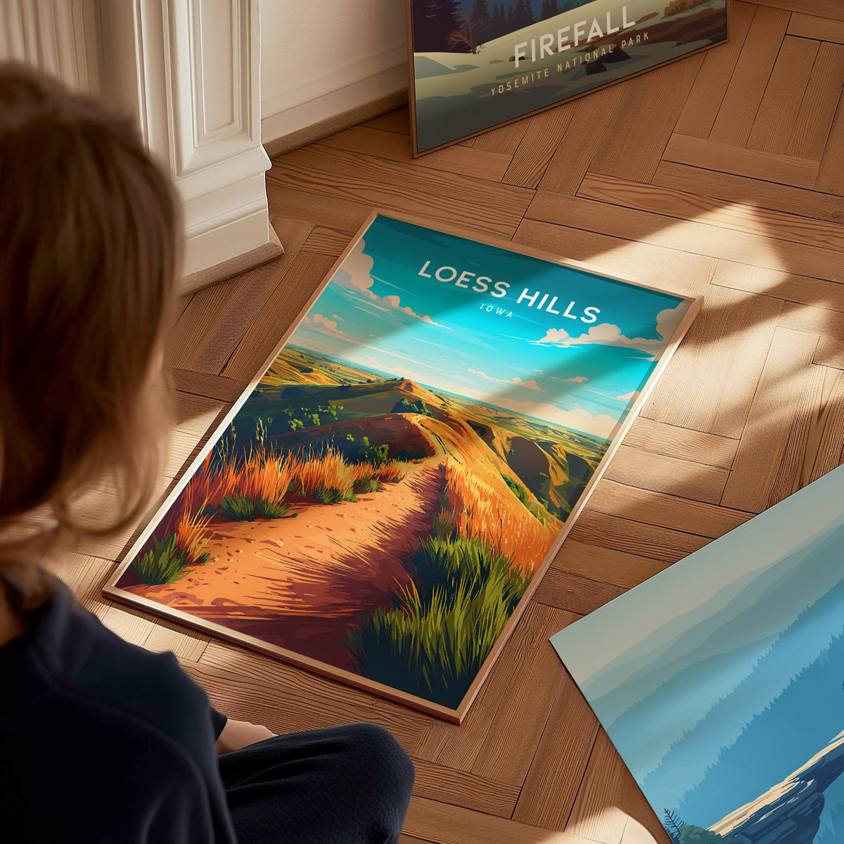 Loess Hills, Iowa Poster | Rolling Prairie Bluffs Destination Print Wall Art — styled in a modern interior