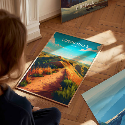 Loess Hills, Iowa Poster | Rolling Prairie Bluffs Destination Print Wall Art — styled in a modern interior