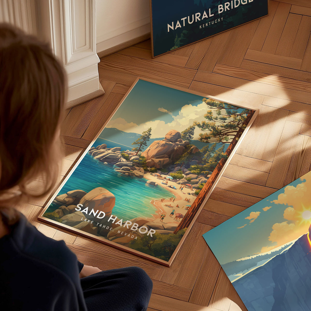 Sand Harbor, Lake Tahoe, Nevada Poster | Turquoise Waters & Granite Shores Wall Art — styled in a modern interior