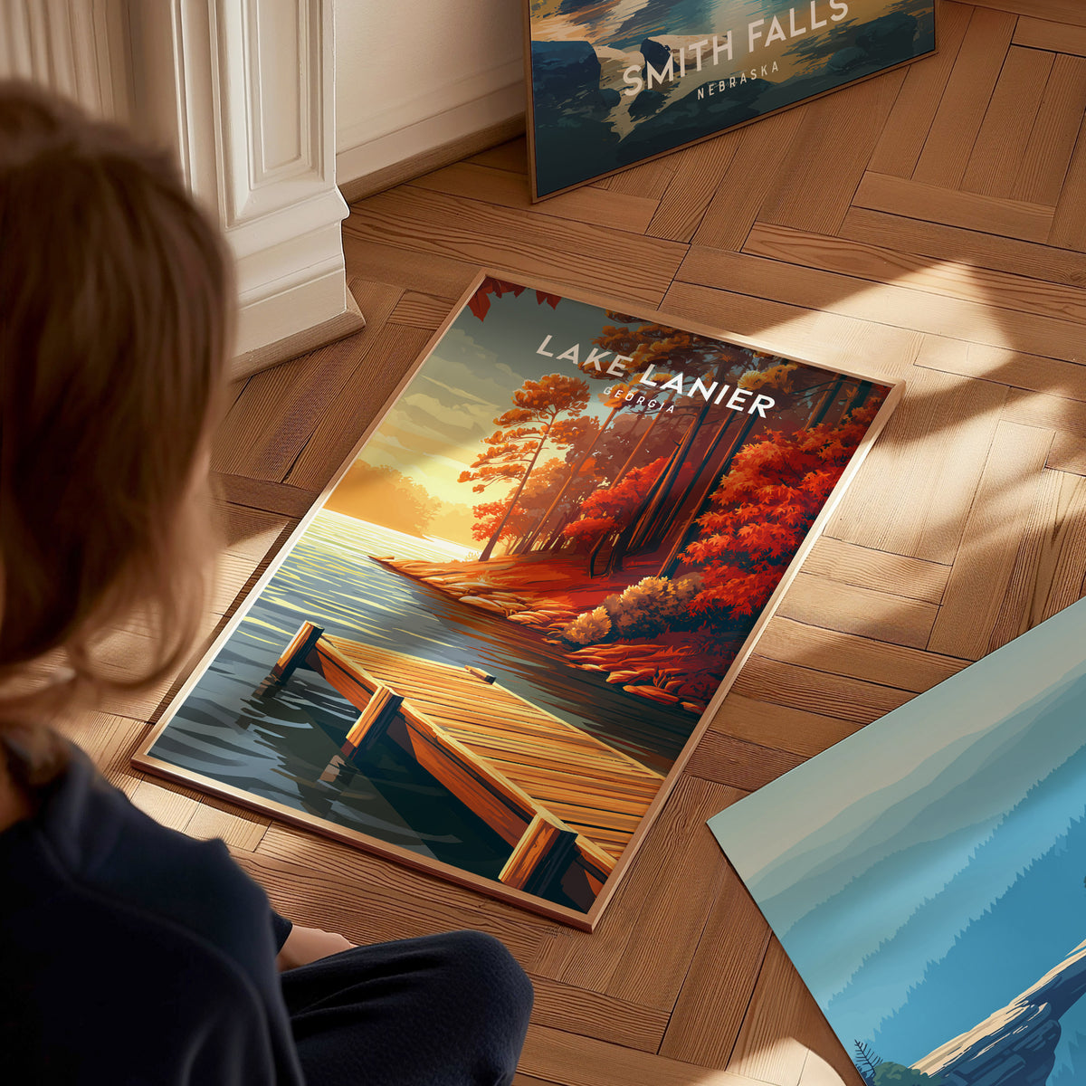 Lake Lanier, Georgia Poster | Serene Lakeside Vacation Wall Art — styled in a modern interior