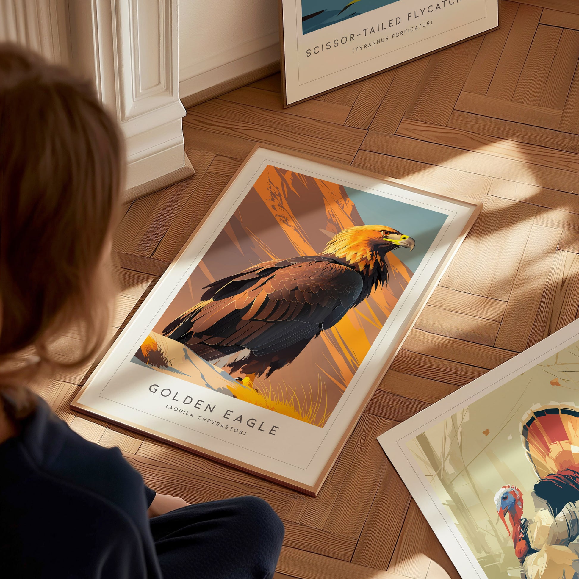 Golden Eagle Poster | Majestic Raptor Mountain Wildlife Wall Art — styled in a modern interior