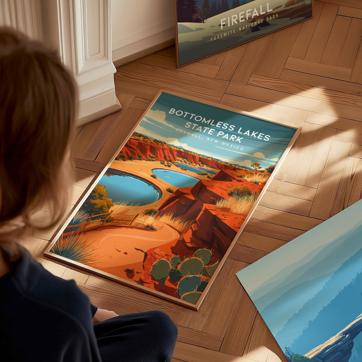 Bottomless Lakes State Park, Roswell, New Mexico Poster | Desert Oasis Destination Print Wall Art — styled in a modern interi