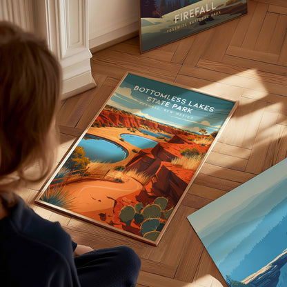 Bottomless Lakes State Park, Roswell, New Mexico Poster | Desert Oasis Destination Print Wall Art — styled in a modern interi