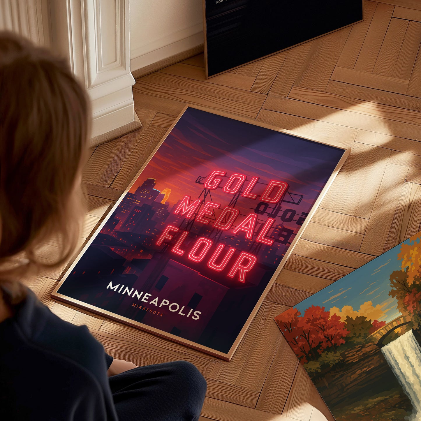 Minneapolis Poster | Gold Medal Flour Sign Night Skyline Art