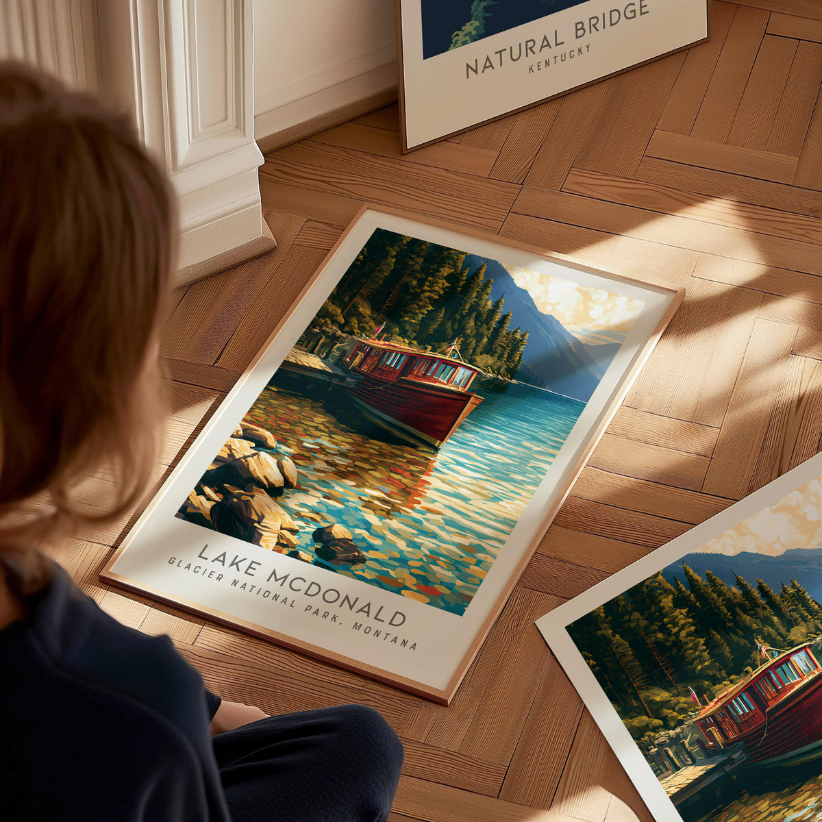 Lake McDonald Matte Border Poster | Glacier National Park, Montana Vacation Wall Art — styled in a modern interior