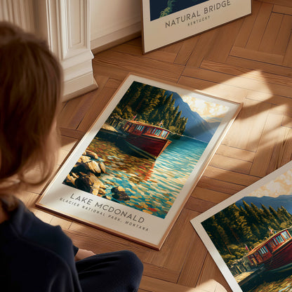 Lake McDonald Matte Border Poster | Glacier National Park, Montana Vacation Wall Art — styled in a modern interior