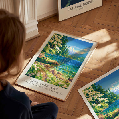 Lake Crescent Matte Border Poster | Olympic National Park, Washington Destination Print — styled in a modern interior