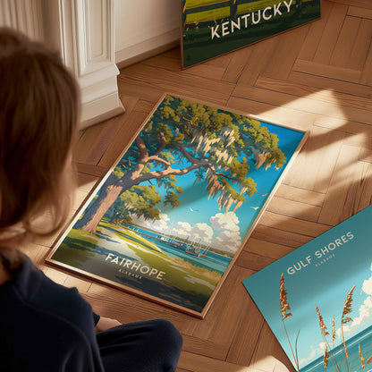 A person gazes at a vibrant Fairhope, Alabama poster on a wooden floor, featuring a scenic view of a tree by the water. Other posters are partially visible.