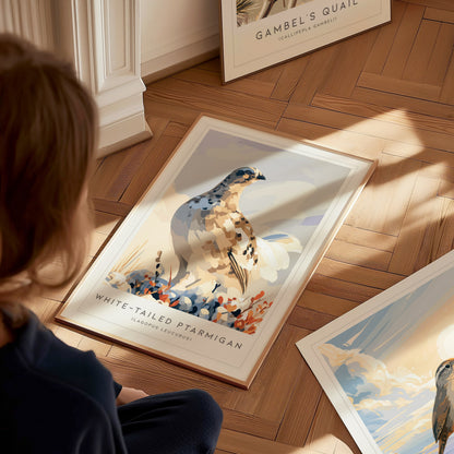 White-tailed Ptarmigan, Lagopus leucurus Poster | Alpine Bird Wall Art — styled in a modern interior