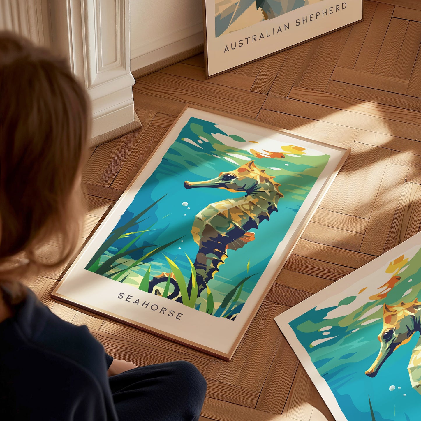 Seahorse Wildlife Poster | Graceful Ocean Dweller Fine Wall Art — styled in a modern interior