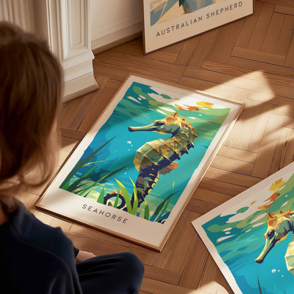 Seahorse Wildlife Poster | Graceful Ocean Dweller Fine Wall Art — styled in a modern interior