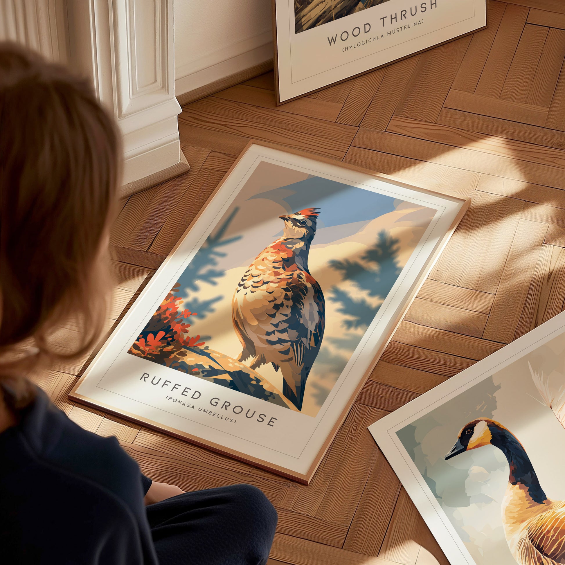 Ruffed Grouse Poster | Woodland Bird in Autumn Forest Wall Art — styled in a modern interior