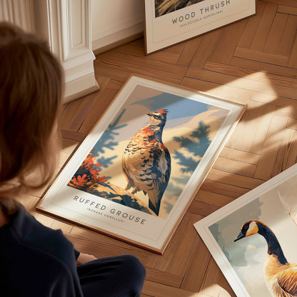 Ruffed Grouse Poster | Woodland Bird in Autumn Forest Wall Art — styled in a modern interior