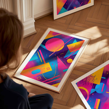 A person sits on a wooden floor, looking at a vibrant poster featuring neon geometric shapes in pink, blue, and yellow hues, evoking a 90s nostalgic aesthetic.