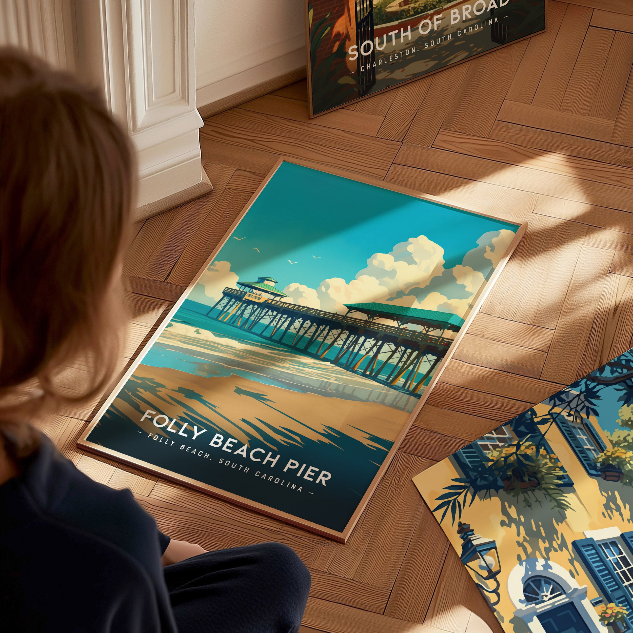 Folly Beach Pier Poster | South Carolina Fishing Wall Art | Framed