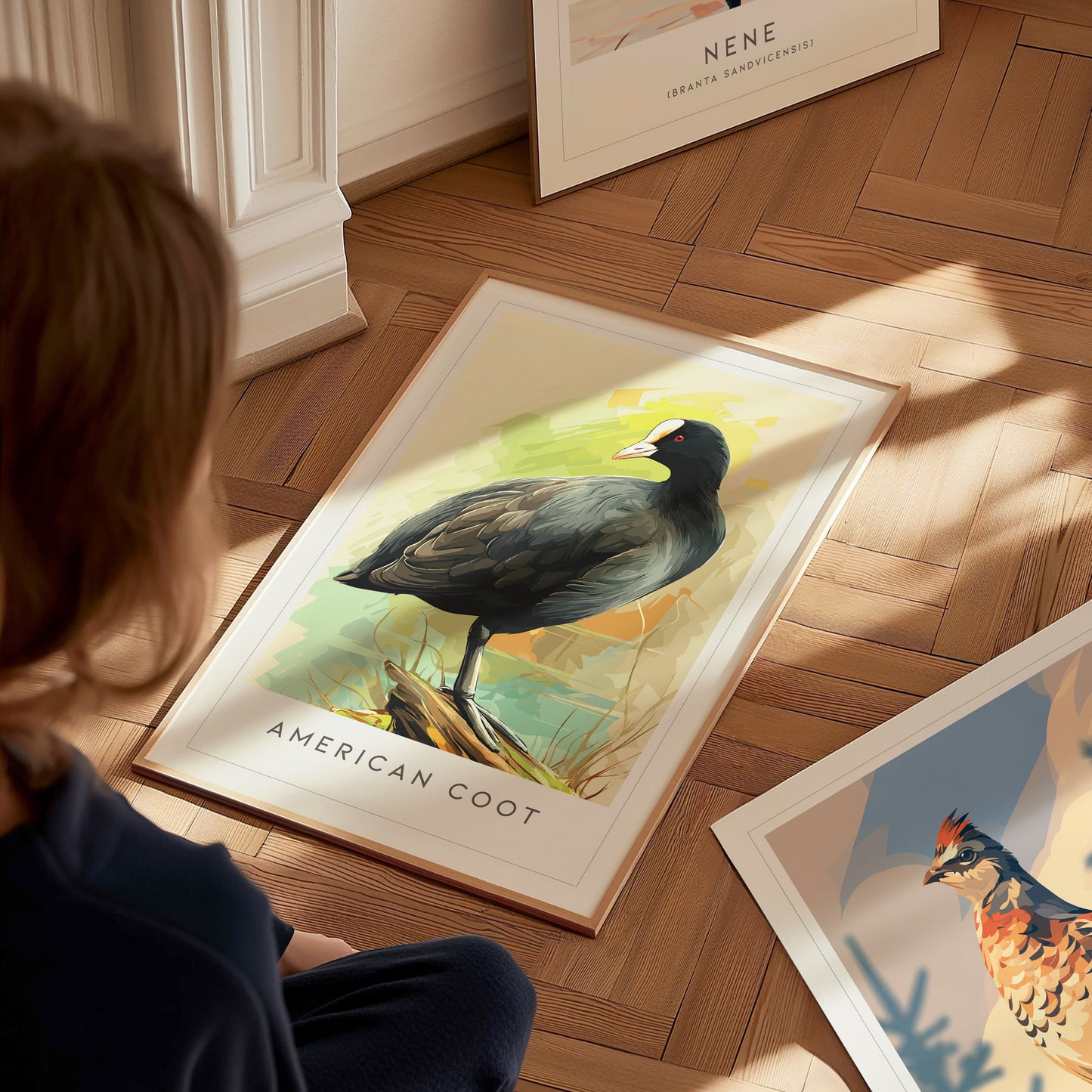 American Coot Poster | Waterbird on a Quiet Marsh Wall Art — styled in a modern interior