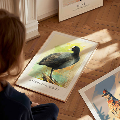American Coot Poster | Waterbird on a Quiet Marsh Wall Art — styled in a modern interior
