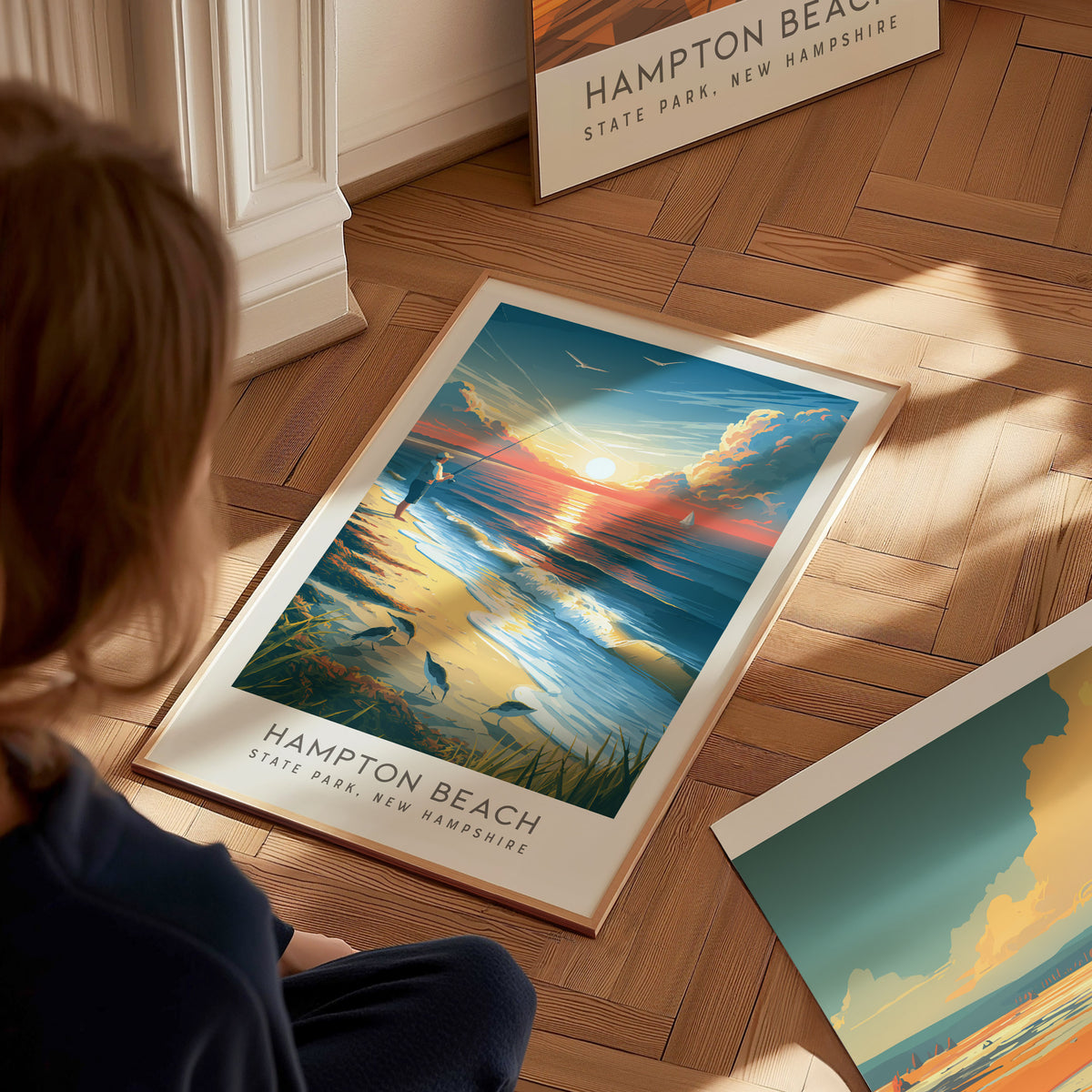 Hampton Beach Matte Border Poster | State Park, New Hampshire Coastal Beach Decor — styled in a modern interior