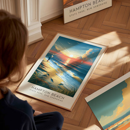 Hampton Beach Matte Border Poster | State Park, New Hampshire Coastal Beach Decor — styled in a modern interior