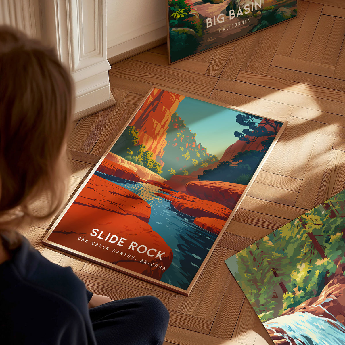 Slide Rock, Oak Creek Canyon, Arizona Poster | Red Rock Swimming Hole Travel Wall Art — styled in a modern interior