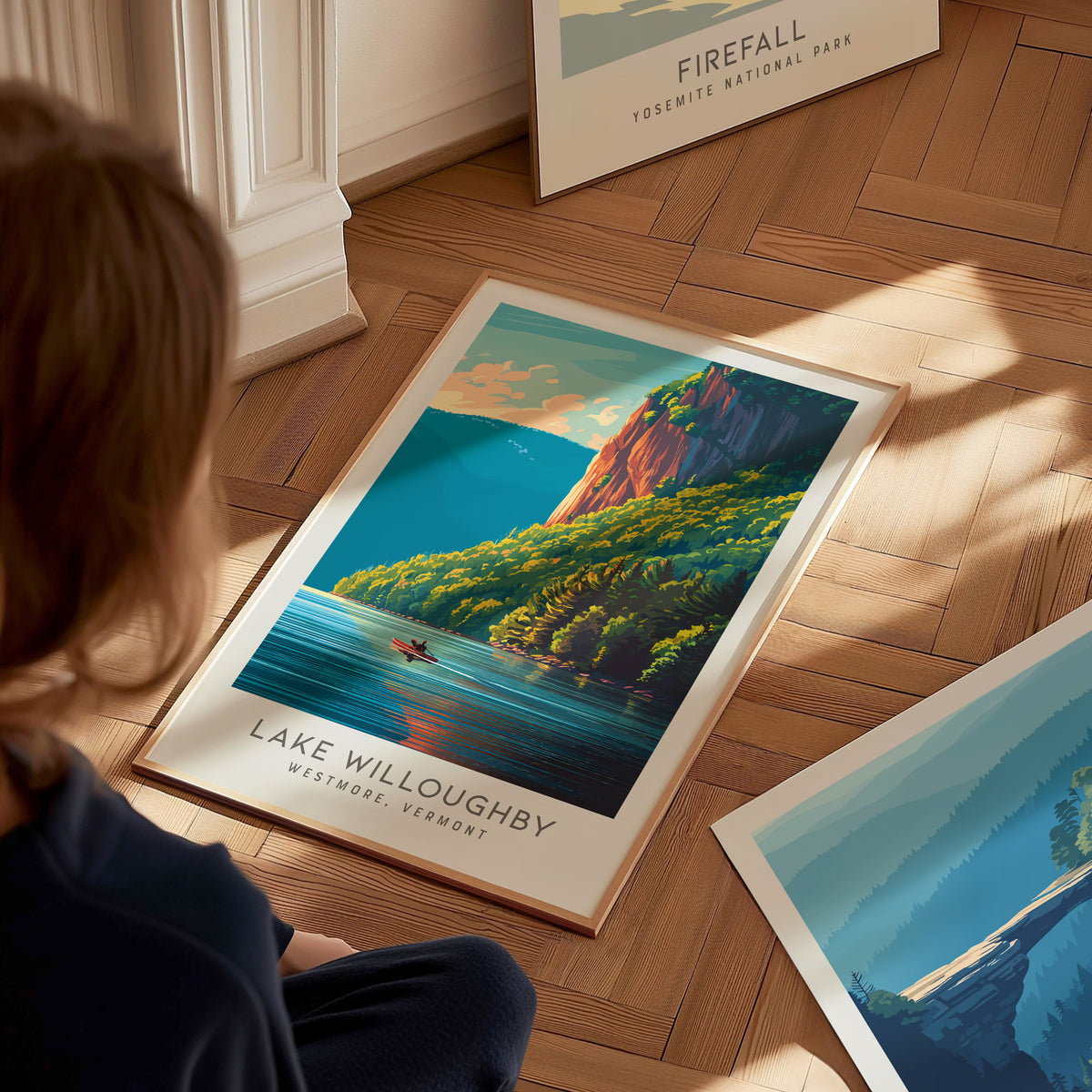Lake Willoughby Matte Border Poster | Westmore, Vermont Destination Print — styled in a modern interior