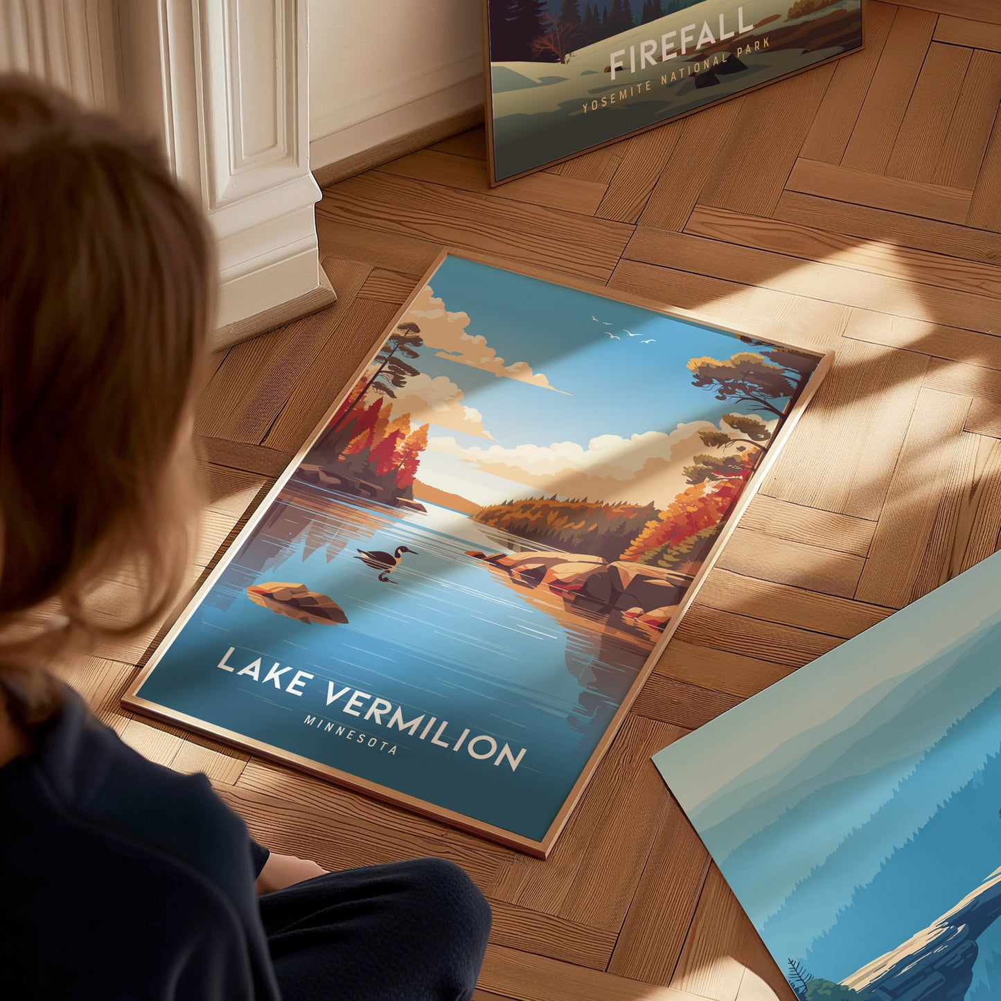 Lake Vermilion, Minnesota Poster | Northwoods Lake & Pine Forest Wall Art — styled in a modern interior