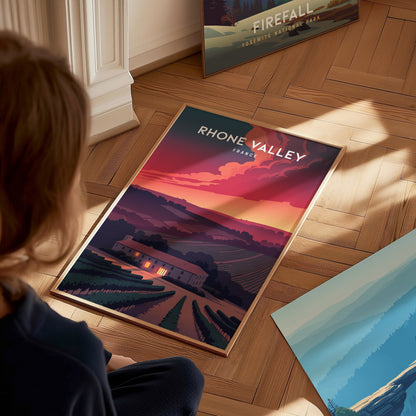 Rhône Valley, France Poster | Vineyard & River Countryside Wall Art — styled in a modern interior