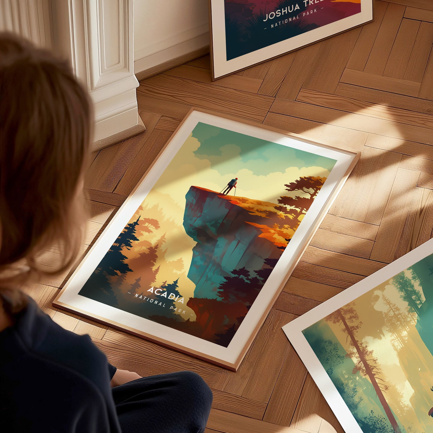 A person looks at a framed Acadia National Park poster depicting a solitary figure on a cliff, surrounded by colorful trees and a vibrant sky, placed on a wooden floor.