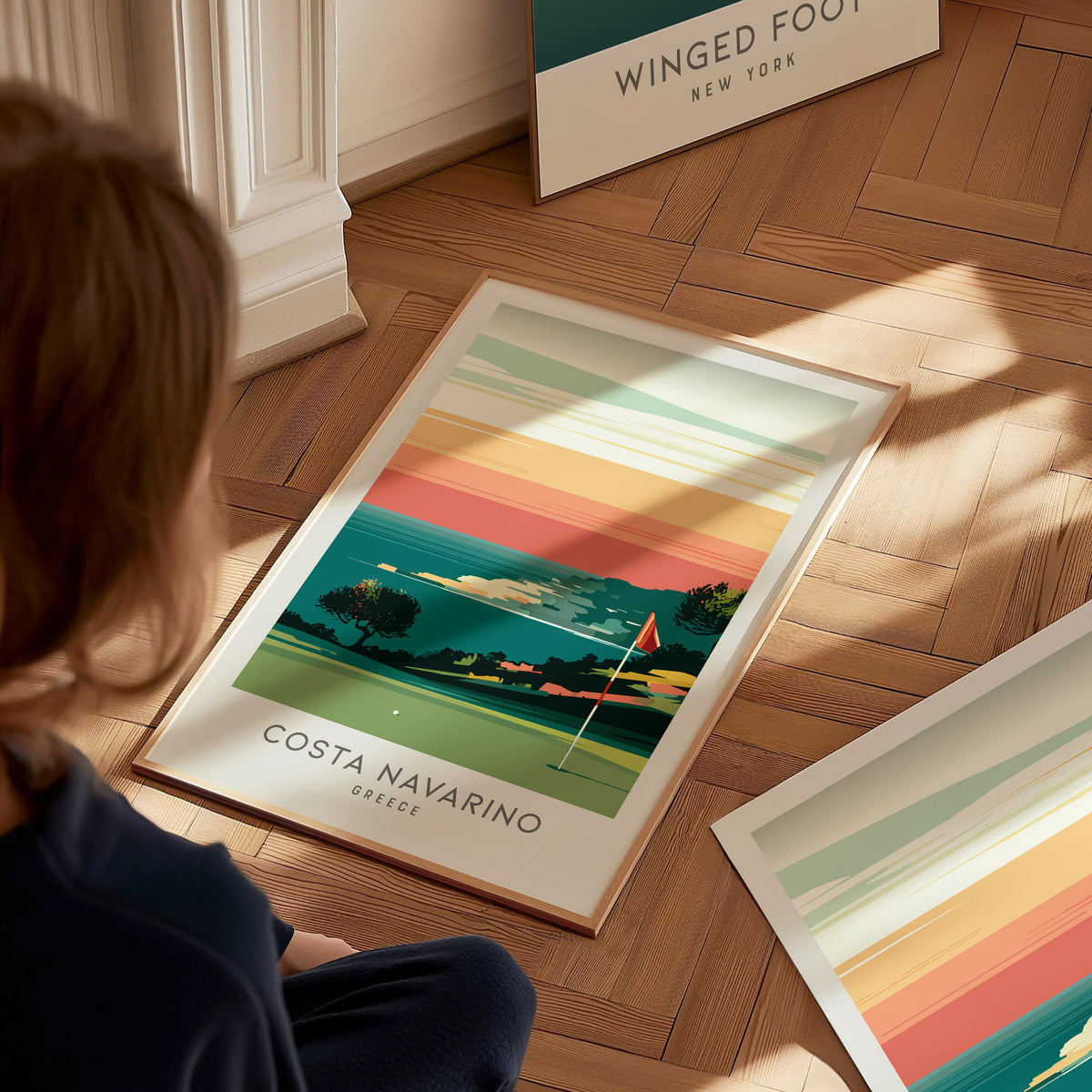 Costa Navarino Matte Border Poster | Greece Golf Course Print & Country Club Decor — styled in a modern interior