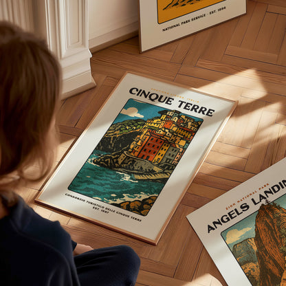 Cinque Terre Vintage Travel Poster | Italian Riviera Coastal Village Wall Art