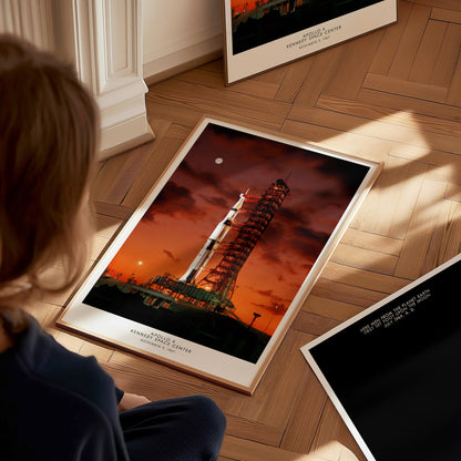 Apollo 4 Saturn V rocket launch poster in a floating frame canvas displayed