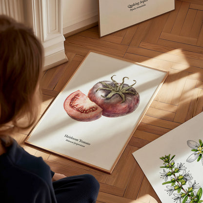 Heirloom Tomato Poster | Vintage Solanum Lycopersicum Botanical Illustration Wall Art — styled in a modern interior